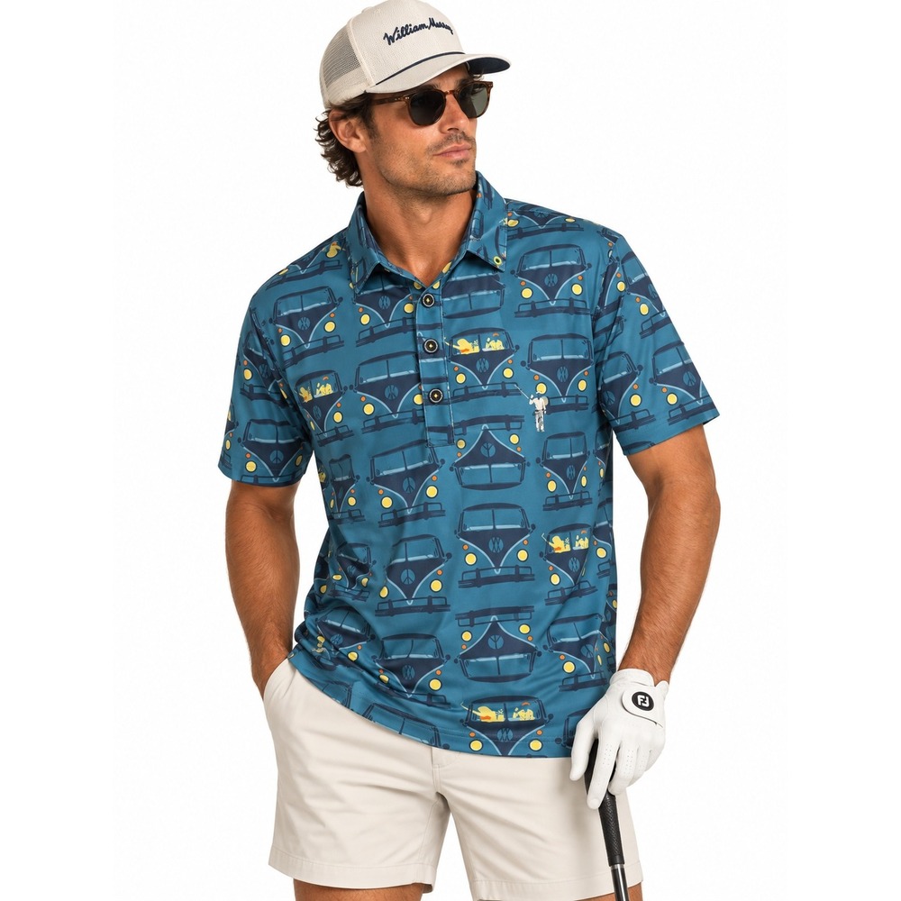William Murray Golf Get Out Of Town Performance Polo Shirt Blue VW Bus Mens L